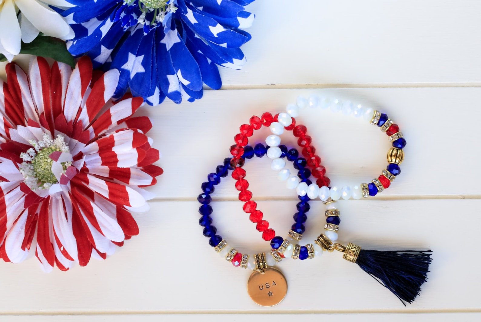 Fourth of July Stacked Beaded Bracelets Crystal Custom Word Etsy