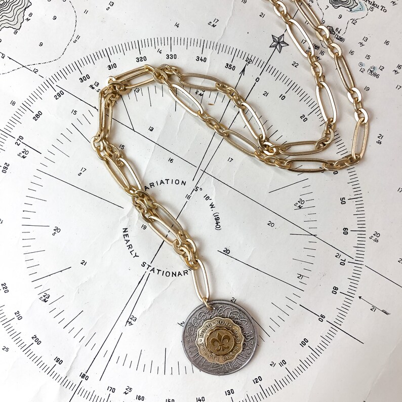 Vintage Coins with Fleur De Lis on Long Brushed Gold Chain