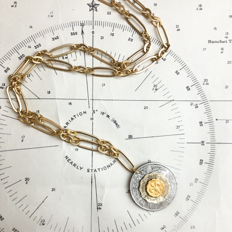 Vintage Coins with Fleur De Lis on Long Brushed Gold Chain