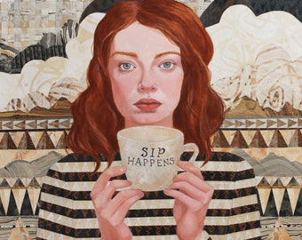 Sip Happens-Fine Art Print, Whimsical Art, Tea Art, Giclee Print, Tea Drinker, Whimsy Print, Woman Tea Drinker, Vintage Print, Whimsy Print