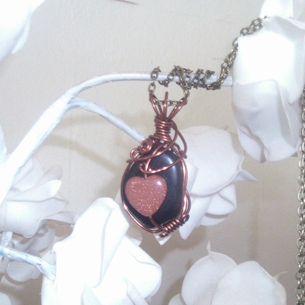 Handmade Wire wrapped black obsidian stone with goldstone heart bead pendant necklace, gemstone jewellery, antique necklace chain, ooak