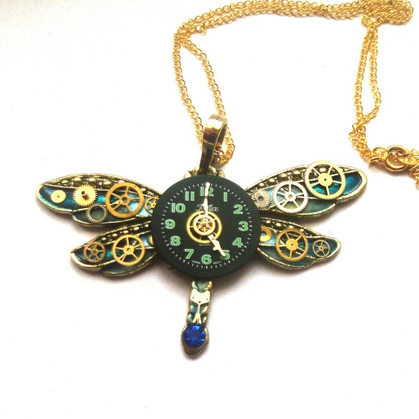 Steampunk Dragonfly necklace, blue gold steampunk insect, watch parts jewellery, insect jewellery, dragonfly jewelry, libellula, unique gift