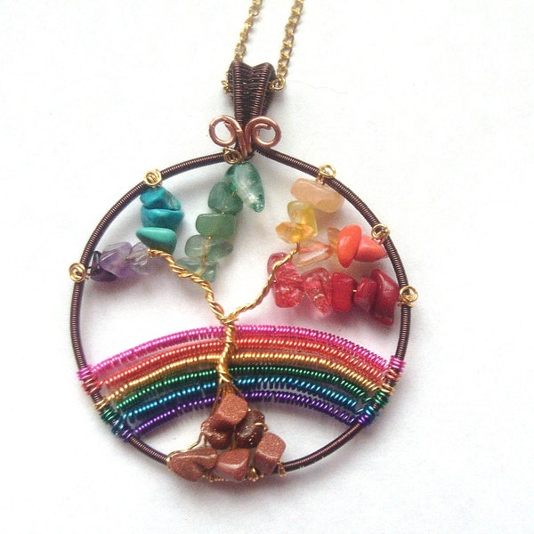 Árbol de la vida, alambre envuelto collar árbol de la vida de arco iris, alambre la joyería, colgante de piedras preciosas, arco iris, árbol de la vida colgante de alambre envuelto, regalo