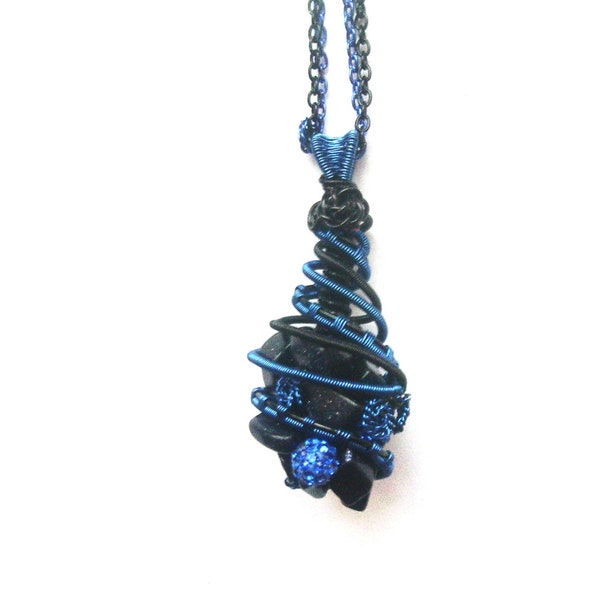 Wire Wrapped Blue/Black Freeform Necklace Gemstone And Beads Pendant, Wire Wrapped Pendant, Wire Jewelry, Gemstone Pendant, Unique Gift Idea