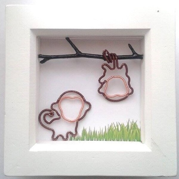 Verspielte Affen Schaukasten Rahmen, Art Schatten Rahmen Dekoration, Handmade Draht umwickelt Tier Wand, einzigartige Kinder Deco, süße Kinderzimmer Kunst