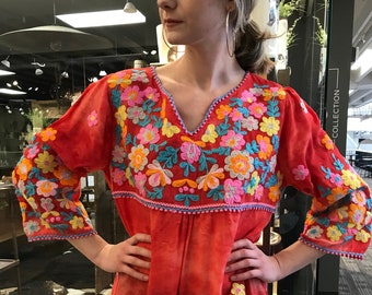 Mexican embroidered tunic, hand embroidered blouse, embroidered dress, huipil style, oxacan style , plus size, western, folk