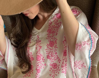 Pink on white flowy blouse