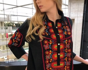 Hand embroidered tunic, mexican  style embroidered tunic, ukrainian embroidery, boho chic blouse, plus size, fall blouse, Pong blouse