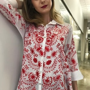 embroidered white blouse, plus size, hand embroidery, Mexican style embroidery, western, folk,  fiesta , cruise