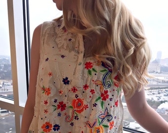 Summer blouse, hand embroidery, Patchwork gypsy blouse with multi color embroidery and handkerchief bottom, short sleeve