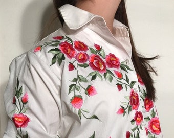 Bestickte mexikanische Bluse, Rote Rose Floral Tunika, Plus Size