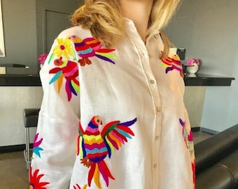 Fiesta blouse,Mexican style embroidered  blouse with multi color yarn embroidery, hand embroidered tunic, plus size embroidered blouse