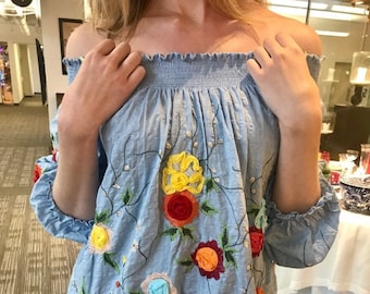 Beautiful  Pong blue smock with hand done bias cut flowers, Mexican style embroidery, hand embroidery, plus size, off the shoulder