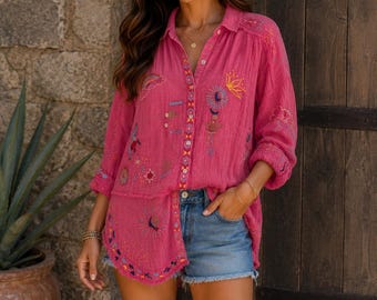 Fushia cotton gauze top