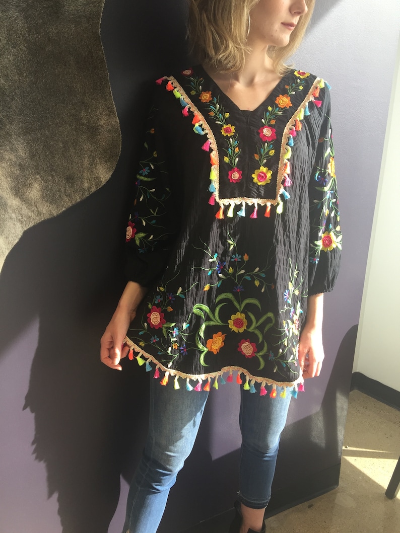 fiesta hand embroidery cotton tunic cruise huipil plus size cinco de mayo resort Mexican embroidery