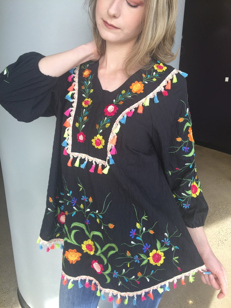 fiesta hand embroidery cotton tunic cruise huipil plus size cinco de mayo resort Mexican embroidery