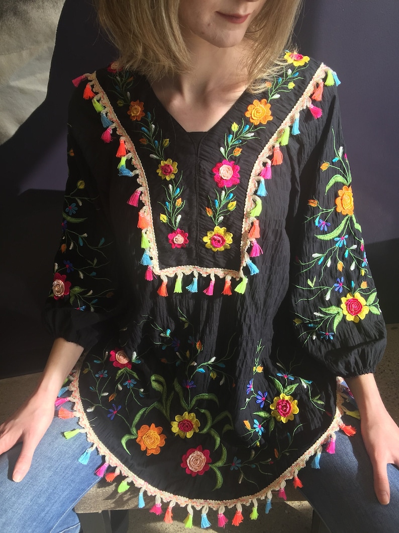 fiesta hand embroidery cotton tunic cruise huipil plus size cinco de mayo resort Mexican embroidery