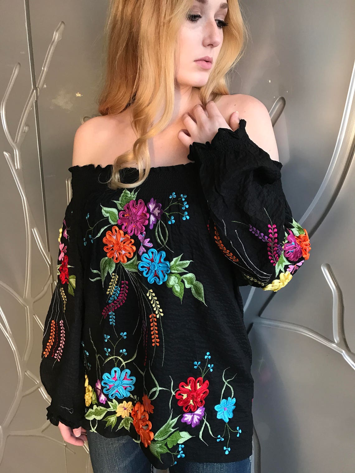 Fiesta Smock Top, ,mexican Embroidered Blouse, Oaxacan Top, Embroidery and Surtache, Plus Size