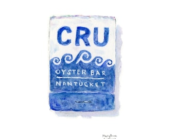 May include: A watercolor painting of a blue and white sign that says "CRU OYSTER BAR NANTUCKET". The sign has a wave design and is painted in a realistic style.