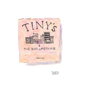 May include: A watercolor illustration of a pink building with the text "TINY'S THE BAR UPSTAIRS" and a small illustration of a city skyline.