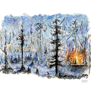 May include: Watercolor painting of a forest scene with tall trees and a campfire in the distance. The trees are painted in shades of blue and purple, and the campfire is a bright orange. The painting is signed "Marythea Goldman" in the bottom right corner.