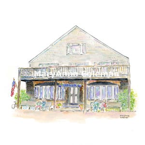 May include: Watercolor painting of a light gray house with a large porch and blue windows. The house has a white railing and a small American flag hanging on the left side. The porch has a blue door and a blue awning. There are two people sitting on benches on the porch.