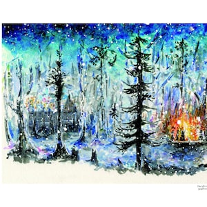 May include: A watercolor painting of a snowy forest scene with a fire in the distance. The trees are silhouetted against a blue and green sky with white snowflakes falling. The fire is orange and yellow with a few figures standing around it.