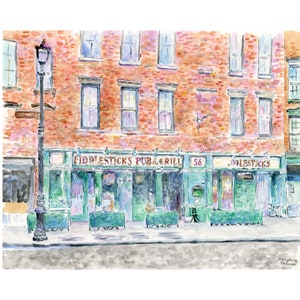 May include: Watercolor painting of a pub called "Fiddlesticks Pub & Grill" with green awnings and a sign that says "56". The pub is located on a street corner with a lamppost and a sign that says "Clements Lane".