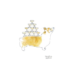 May include: A watercolor illustration of a corgi dog with a stack of champagne glasses on its back. The dog is looking up and the glasses are stacked in a pyramid shape. The artist's signature, Maryanna Coleman, is written below the dog.