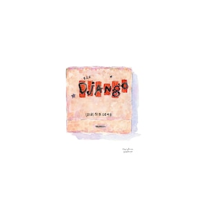 May include: A watercolour painting of a matchbook with the text "The Django" and a phone number (212) 519-6649. The matchbook is a light brown colour with red lettering.
