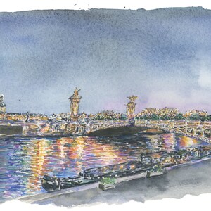 May include: Watercolor painting of the illuminated Pont Alexandre III bridge in Paris at dusk. The Eiffel Tower is visible in the background. The Seine River reflects the lights of the bridge and buildings.