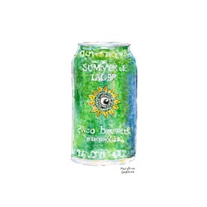 Puede incluir: Una lata de aluminio verde con un diseño de girasol y el texto "Summer of Lager" y "Tisco Brewery" en ella.