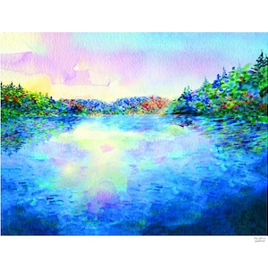 May include: A watercolor painting of a lake scene with a blue sky and pink clouds. The lake is surrounded by trees and the water is reflecting the sky and clouds. The painting is done in a loose, impressionistic style.