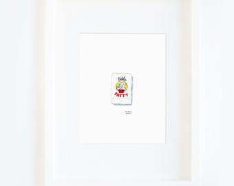 May include: A framed watercolor print featuring a cartoon illustration of a product labeled "Little Fatty." The artwork depicts a pig character in a red outfit. The print is in a white frame.