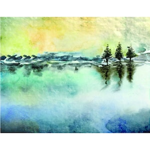May include: A watercolor painting depicting a landscape with three dark green pine trees standing near a body of water. The sky is a gradient of yellow and light green, while the water reflects the trees in shades of teal, blue, and grey.