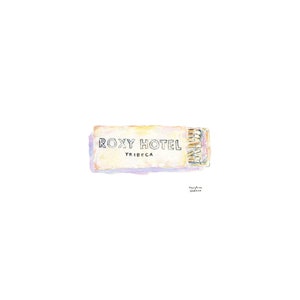 May include: A watercolour painting of a matchbook with the text "ROXY HOTEL TRIBECA" on the front.