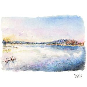 May include: Watercolor painting of a lake with a shoreline of trees in the distance. The sky is a soft blue and pink, and the water is a light blue with reflections of the sky. The painting is signed "Maryanna Coleman" in the bottom right corner.