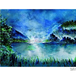 May include: A watercolor painting of a lake with mountains in the background. The sky is blue and cloudy, and a small plane is flying overhead. The lake is a deep blue color, and the mountains are a dark green. The grass in the foreground is a bright green.