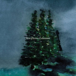 May include: A watercolor painting of a dark green pine tree against a blue sky. The tree is in the foreground and the sky is in the background. The artist's signature, "MaryAnna Coleman", is visible in the lower center of the painting.