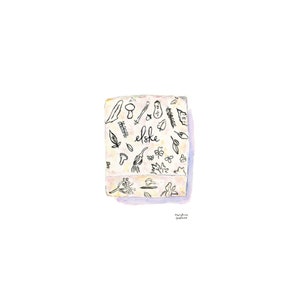 以下が含まれることがあります： 薄い茶色の背景に黒い花の模様が描かれた箱の水彩画です。箱には「elske」という言葉が書かれています。右下にアーティストのサインがあります。