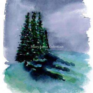 May include: A watercolor painting of a group of dark green pine trees against a light blue and purple sky. The trees are in the foreground of the painting, and the sky is in the background. The painting is signed "MaryAnna Coleman" in the lower right corner.