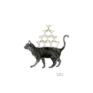 May include: A black cat carrying a pyramid of champagne glasses on its back. The cat is walking forward with its tail curled up. The image is a watercolour painting by MaryAnna Coleman.