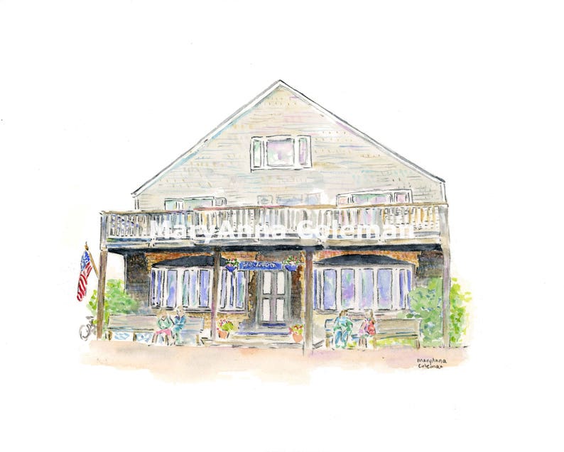 May include: Watercolor painting of a light gray house with a large porch and blue windows. The house has a white railing and a small American flag hanging on the left side. The porch has a blue door and a blue awning. There are two people sitting on benches on the porch.
