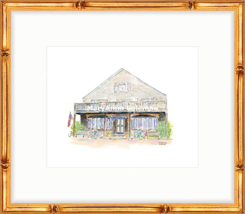 May include: Watercolor painting of a light gray house with a porch and a white picket fence. The house has a red, white, and blue American flag flying from the porch. The house is surrounded by green bushes and trees.