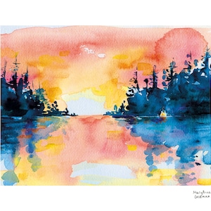 May include: Watercolor painting of a sunset over a lake. The sky is a blend of orange, yellow, and pink hues, with dark blue silhouettes of trees along the horizon. The water reflects the colors of the sky.