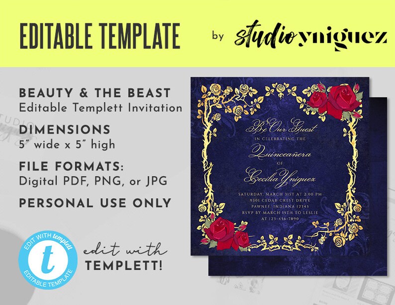 Beauty and the Beast Gold Frame And Roses Fairy Tale Printable 5 x 5 Editable Template Birthday Invitation Templett