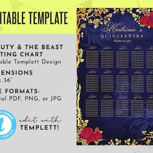 May include: A printable seating chart template for a Quinceañera. The template features a dark blue background with gold floral accents and red roses. The text "Katrina's Quinceañera" is at the top of the chart, with the date "October 30, 2021" below it. The chart is divided into 15 tables, each with a table number and space for guest names.