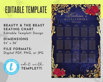 Beauty and the Beast Gold Frame And Roses Fairy Tale Printable 24" x 36" Editable Seating Chart, Editable Seating Chart, Digital File