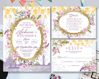 Purple Pink Floral Princess Birthday Printable Invitation, Rapunzel Birthday Printable Invitation RSVP Details Card Set, Digital Files Only