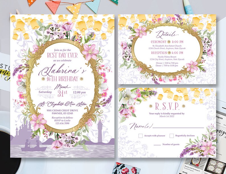 Purple Pink Floral Princess Birthday Printable Invitation Rapunzel Birthday Printable Invitation RSVP Details Card Set